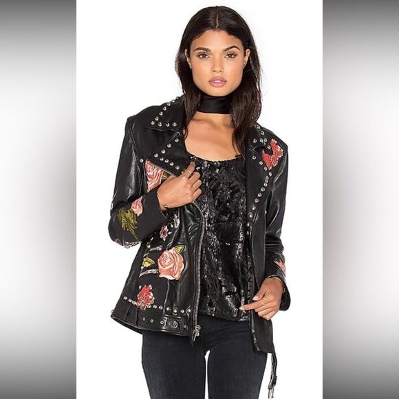 Lpa Leather Black Jacket Floral Embroidered 58 Roses Size XS - Picture 7 of 17